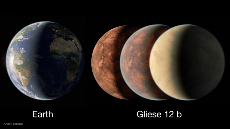 Artystyczna ilustracja porównująca Ziemię do różnych interpretacji planety Gliese 12 b.