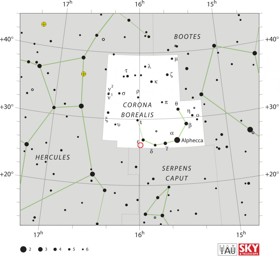 Fragment szarej mapki nieba z fragmentem obejmującym gwiazdozbiory Herkulesa, Korony Północy i Wolarza.