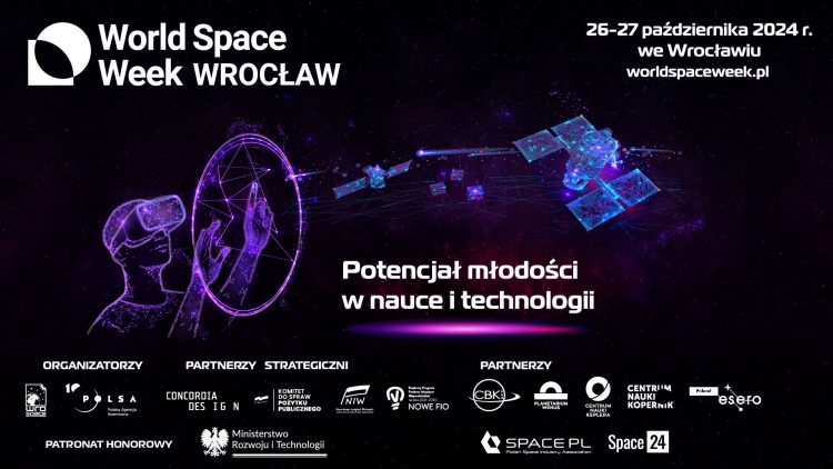 Grafika promująca wydarzenie. Przypomina o dacie i miejscu World Space Week, a także wymienia organizatorów i partnerów.