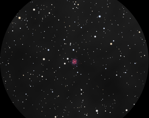 Widok Mgławicy Kokon przez lornetkę Celestron SkyMaster 15x70. Wygląda jak rozmyta jednolicie jasna plamka.