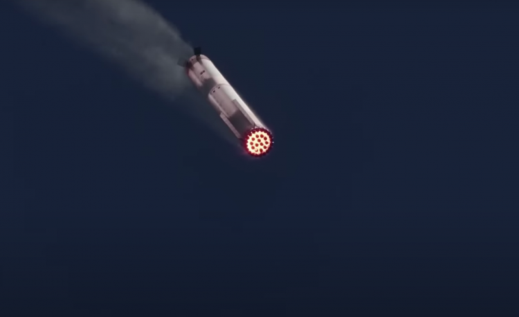 Booster z ozgrzanymi do czerwoności silinikami leci w doł zostawiając smugę dymu