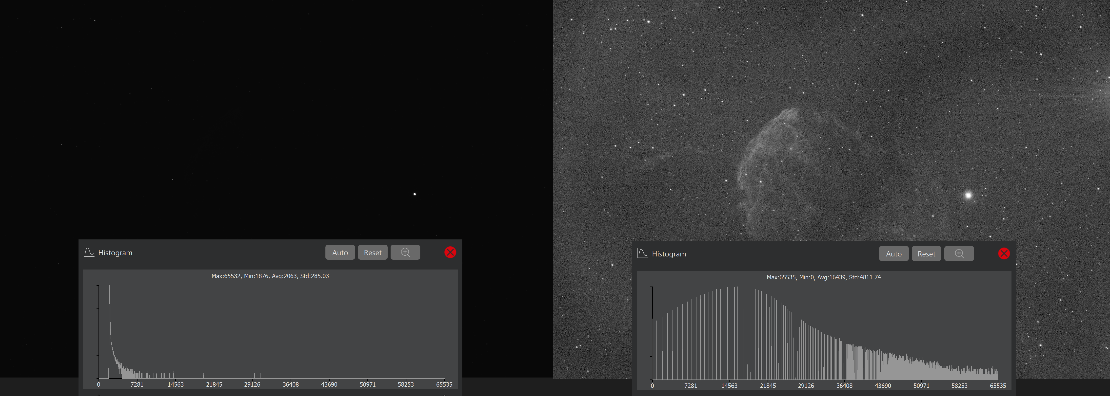 Porównanie dwóch zdjęć astronomicznych z histogramami jasności – po lewej ciemne zdjęcie liniowe z wąskim histogramem skoncentrowanym po lewej stronie, po prawej zdjęcie nieliniowe z widocznymi detalami mgławicy i szeroko rozciągniętym histogramem.
