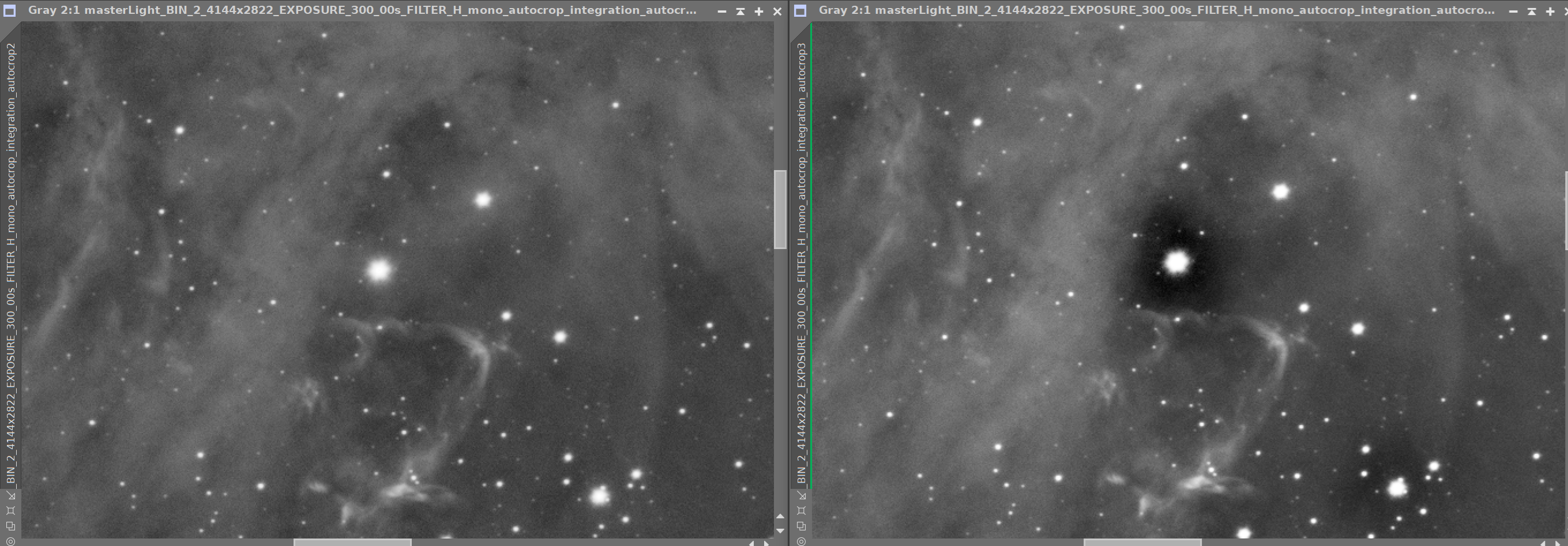 Porównanie dwóch wersji zdjęcia astronomicznego mgławicy, obraz po prawej ma duże czarne koło wokół jasnej gwiazdy, gdzie zdjęcie po lewej nie ma takiego koła.