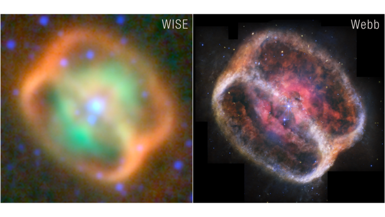 Porównanie dwóch zdjęć mgławicy NGC 1514. Po lewej niewyraźny obraz w kolorach zielonych, pomarańczowych i niebieskich. Po prawej bardziej szczegółowe zdjęcie w wielu innych barwach.