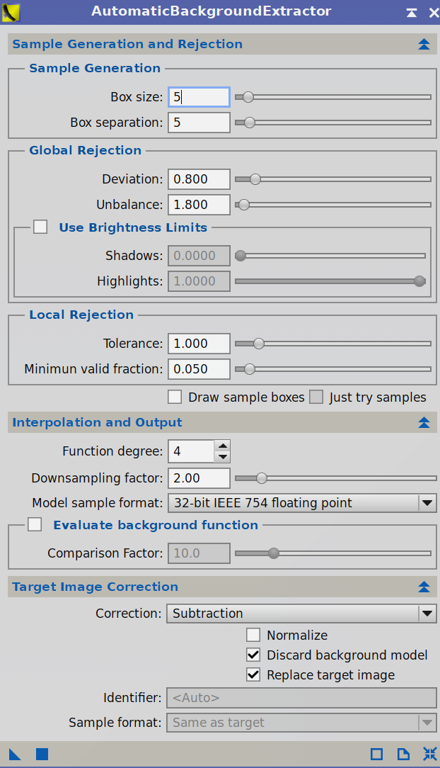 „Zrzut ekranu okna AutomaticBackgroundExtractor w PixInsight z widocznymi sekcjami Sample Generation, Global Rejection, Local Rejection, Interpolation and Output oraz Target Image Correction; pokazuje ustawione parametry m.in. Box size 5, Deviation 0.800, Unbalance 1.800, Function degree 4 oraz korekcję typu Subtraction.”