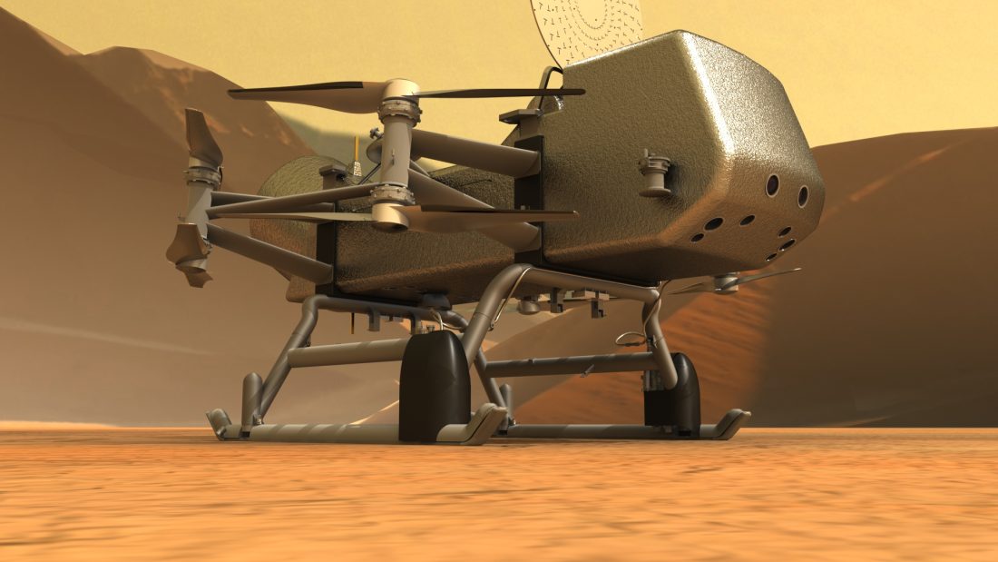 Grafika 3D przedstawiająca dron Dragonfly na marsie