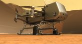 Grafika 3D przedstawiająca dron Dragonfly na marsie