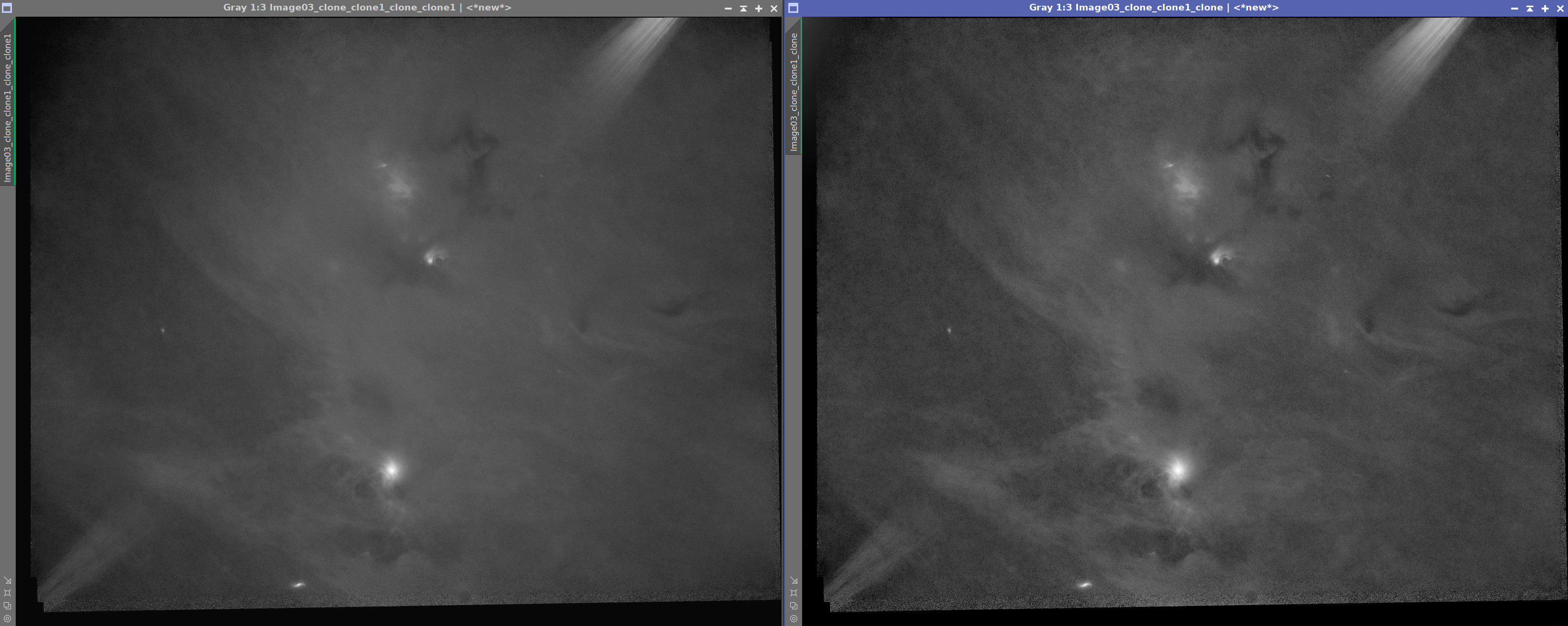 „Porównanie dwóch wersji tego samego czarno-białego kadru mgławicy w PixInsight: po lewej oryginał z widocznym gradientem i szumem w dolnej części, po prawej ten sam kadr po korekcji tła (GradienCorrectoin) – tło jest bardziej wyrównane.”