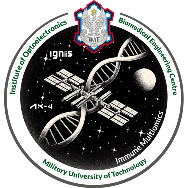 W kole przedstawiona jest biało-czarna Międzynarodowa Stacja Kosmiczna, model DNA oraz planeta, które widnieją na gwieździstym tle. Po lewej stronie napisane jest: ignis oraz AX-4, a po prawej Immune Multiomics. Na górze znajduje się logo Wojskowej Akademii Technicznej w postaci białego orła w złotej koronie stojącego na postumencie, na którym napisane jest: WAT, całość obramowana jest czarną, czerwoną i niebieską ramką. Na białym obramowaniu całego koła napisane jest: Institute of Optoelectonics, Biomedical Engineering Centre, Military University of Technology.