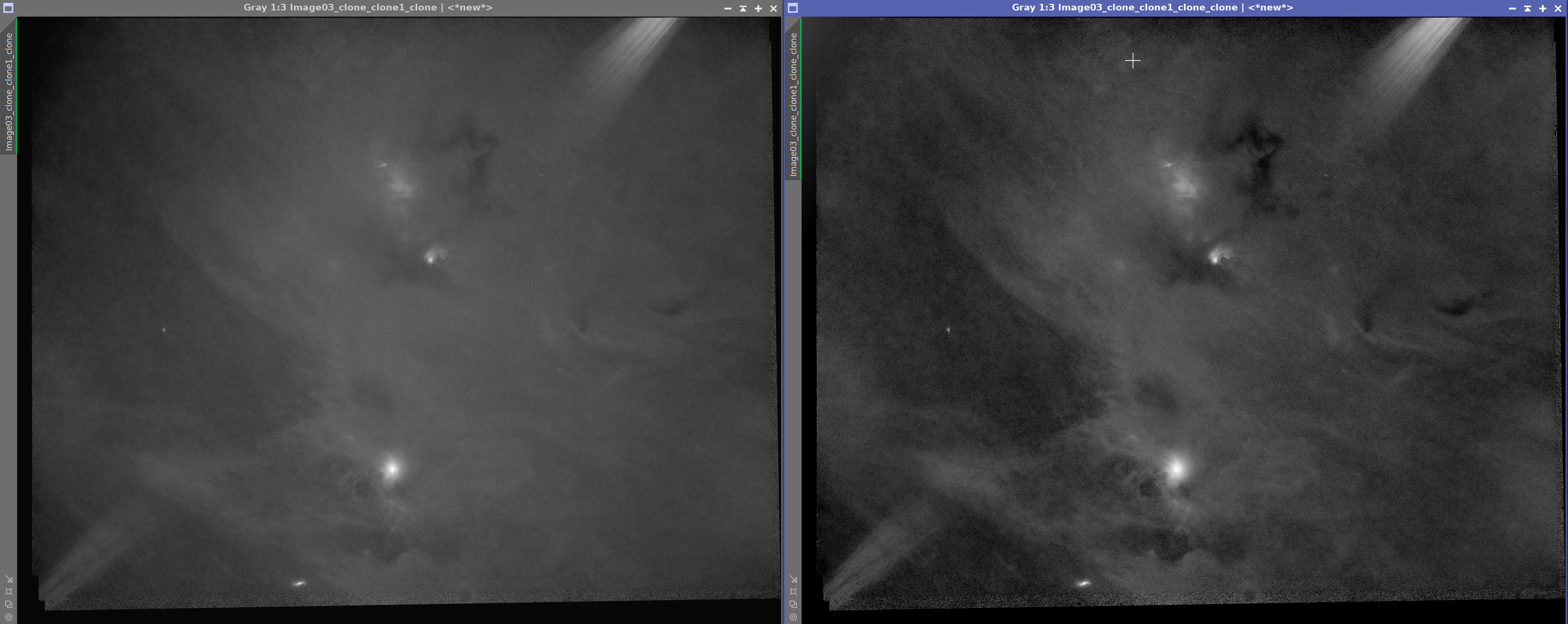 Dwuklatkowe porównanie astrofotografii: po lewej oryginalny obraz z jasnym gradientem tła, po prawej ten sam obraz po zastosowaniu Automatic Background Extraction (ABE) – tło jest bardziej wyrównane, choć widoczne są drobne niedoskonałości i szumy po korekcji