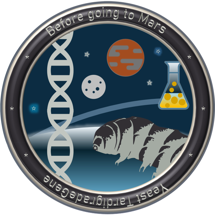 W kole widnieje ikonografia niesporczaka, Marsa, Księżyca, DNA i kolby stożkowej. Wszystko widnieje na granatowym tle. Na czarnym obramowaniu napisane jest: Before going to Mars, Feast TarddigadeGenne.