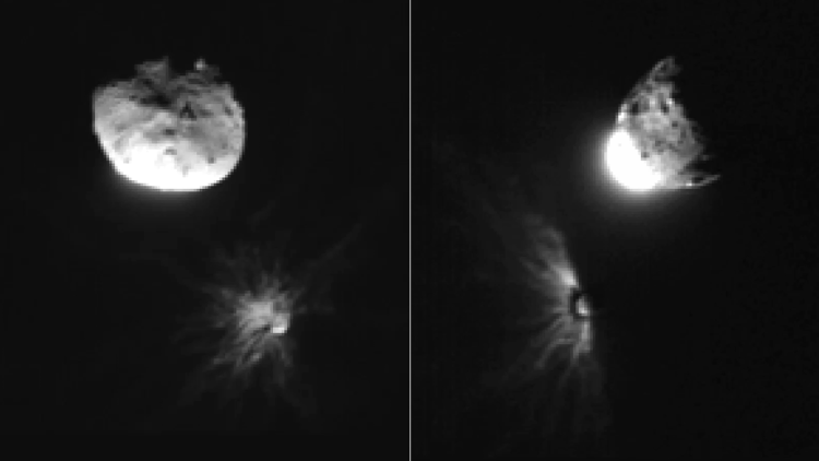 Dwa zdjęcia tych samych obiektów z różnych perspektyw. W górnej części zdjęcia większa, oświetlona od dołu asteroida, a w dolnej znacznie mniejsza z pierzastym obłokiem pyłu na lewo od niej. Po prawej stronie obrazka te same dwa obiekty widoczne z innej strony. Pióropusz pyłu przy mniejszej asteroidzie nieco większy, niż na zdjęciu po lewej.