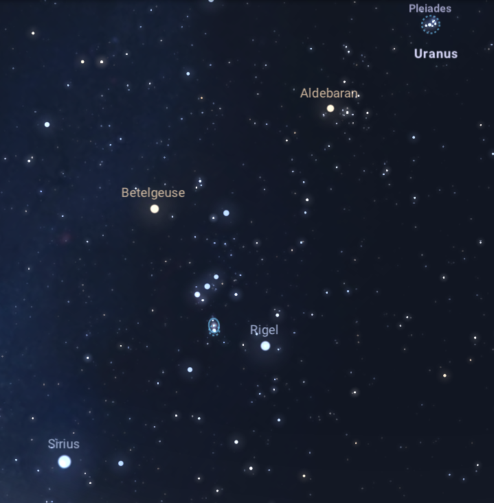 Fragment listopadowego nieba z Orionem, Aldebaranem i Plejadami