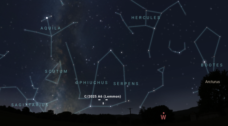 Zrzut ekranu z położeniem na niebie komety Lemmon w programie Stellarium