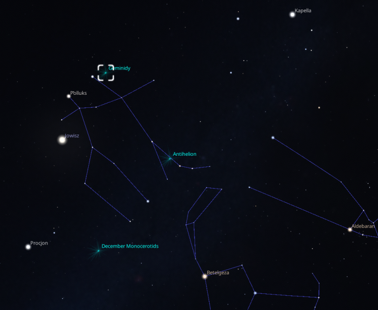 Zrzut ekranu ze Stellarium pokazujący położenie radiantu Geminid na niebie