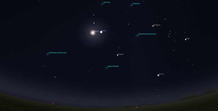 Zrzut ekranu ze Stellarium przedstawiający koniunkcję Jowisza z Księżycem