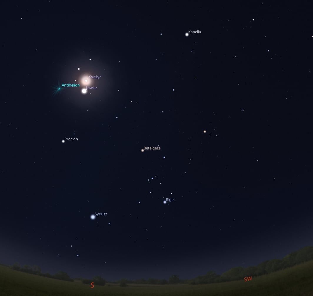 Zrzut w programu Stellarium przedstawiający fragment nieba w styczniu.