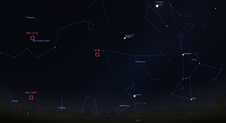 Fragment nieba w lutym z zaznaczonymi niektórymi obiektami głębokiego nieba.
