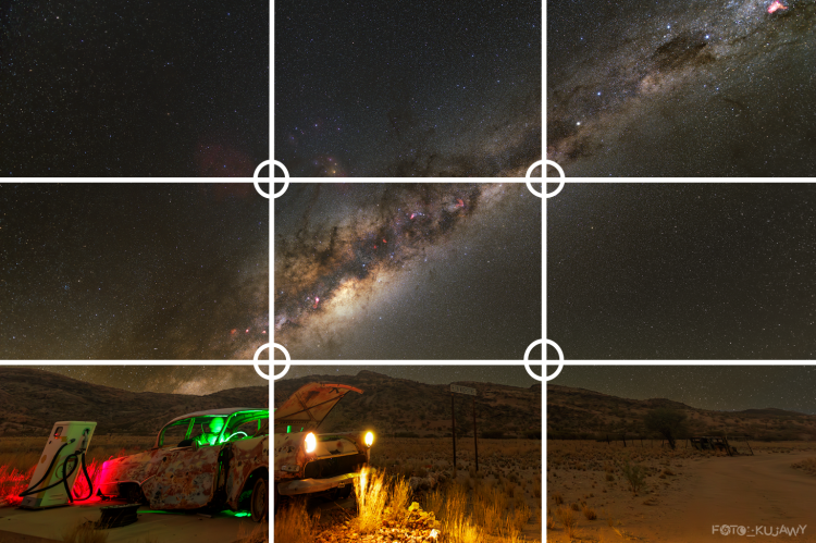 Zdjęcie astrokrajobrazu podzielone na dziewięć części za pomocą białych linii, dwóch w pionie i dwóch w poziomie. Na ich przecięciach linii narysowane są białe okręgi.