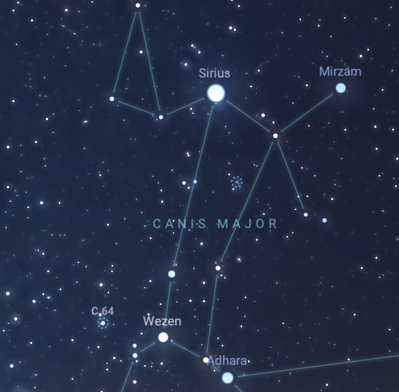 Wycinek nocnego nieba z zaznaczonym Syriuszem i C64