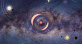 Fioletowy pas Drogi Mlecznej na granatowym tle kosmosu. Na środku pomarańczowa planeta z czerwonymi pasami, wokół niej pierścień mikrosoczewkowania grawitacyjnego. W rogach zdjęcia umieszczone w przestrzeni kosmicznej układy planetarne.