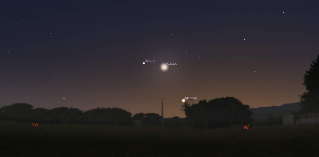 Zrzut ekranu programu Stellarium przedstawiający koniunkcję Saturna z Księżycem oraz Merkurego w pobliżu.