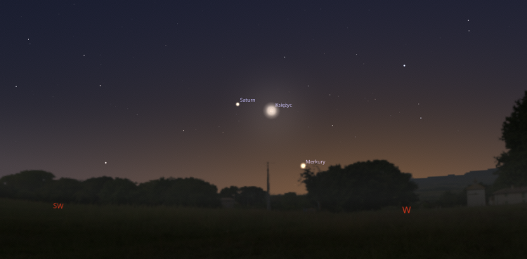Zrzut ekranu programu Stellarium przedstawiający koniunkcję Saturna z Księżycem oraz Merkurego w pobliżu.