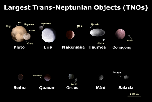 Obraz ukazuje 10 największych obiektów z dysku rozproszonego. Rząd górny od lewej do prawej to: Pluton, Eris, Makemake, Haumea i Gongong, a rząd dolny od lewej do prawej to: Sedna, Quaoar, Orcus, Máni i Salacia. Ciała są ustawione w kolejności malejące względem rozmiaru.