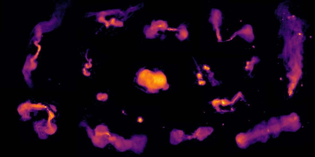Fałszywokolorowy obraz radiowy przedstawiający różne typy radiogalaktyk na czarnym tle. Struktury emisji radiowej ukazane są w skali kolorów od fioletu przez pomarańcz do jasnej żółci, gdzie jaśniejsze barwy oznaczają wyższe natężenie promieniowania. Widoczne są rozmaite morfologie: wydłużone dżety, symetryczne płaty radiowe, struktury przypominające smugi lub pióropusze oraz zwarte, jasne jądra - wszystkie zasilane energią supermasywnych czarnych dziur ukrytych w centrach galaktyk.