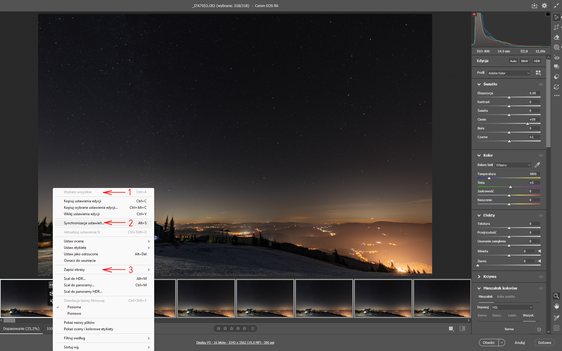 Zrzut ekranu z programu Adobe Camera RAW - po lewej stronie znajduje się zdjęcie nocnego krajobrazu, wykonane zimą w niewysokich górach, a po lewej pasek z suwakami, podpisanymi „światło”, „barwa” etc. 