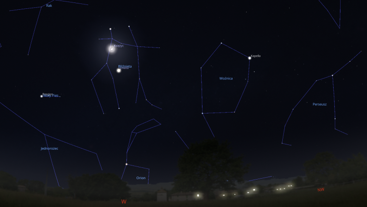 Fragment nocnego nieba z zaznaczonymi liniami i nazwami gwiazdozbiorów podczas koniunkcji Księżyca i Jowisza.