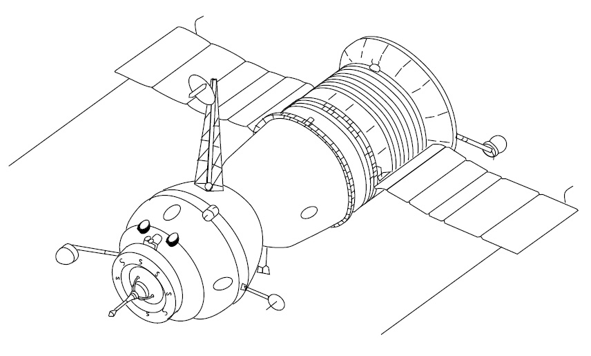 Czarno-biały rysunek techniczny statku kosmicznego Sojuz widzianego z boku, z rozłożonymi panelami słonecznymi i wysuniętym aktywnym mechanizmem dokowania typu sonda (probe-and-drogue) na dziobie