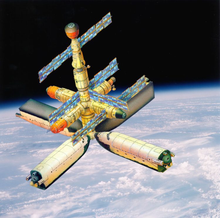 Stacja kosmiczna w kosmosie z zamontowanymi czterema modułami przypominającymi Burana.