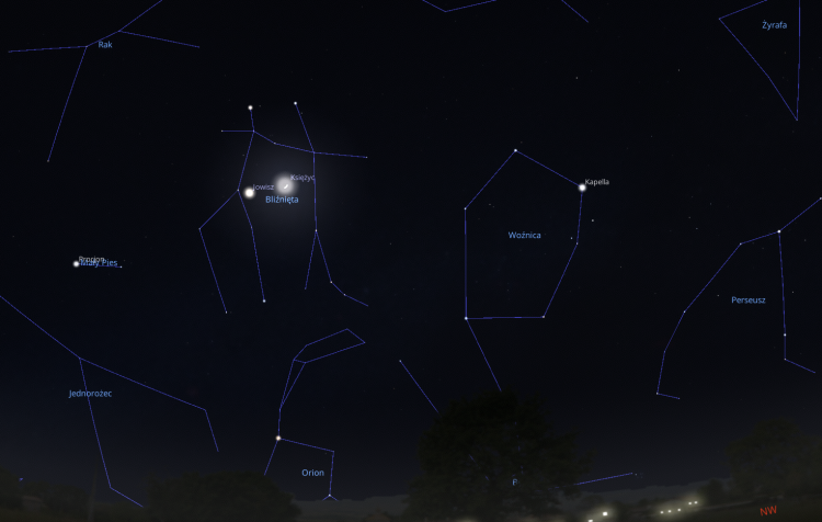 Zrzut ekranu z programu Stellarium przedstawiający fragment nocnego nieba z koniunkcją Jowisza i Księżyca.