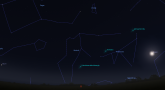 Zrzut ekranu z programu Stellarium. Widoczny jest na nim fragment lipcowego nieba z m.in. radiantem roju Południowe delta Akwarydy w Wolarzu. Dookoła widać linie innych gwiazdozbiorów, w tym Ryby, w których znajduje się Saturn oraz Księżyc w Strzelcu.