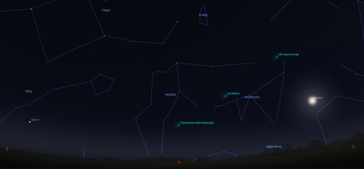 Zrzut ekranu z programu Stellarium. Widoczny jest na nim fragment lipcowego nieba z m.in. radiantem roju Południowe delta Akwarydy w Wodniku. Dookoła widać linie innych gwiazdozbiorów, w tym Ryb, w których znajduje się Saturn, oraz Księżyc w Strzelcu.