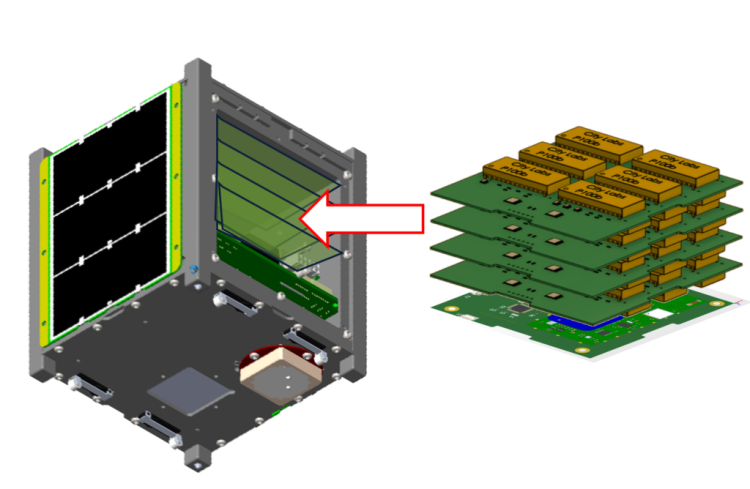 Wizualizacja 3D modułu pomiarowego z otwartą obudową oraz stosu kilku płytek PCB. Czerwona strzałka wskazuje kierunek wsuwania pakietu elektroniki do wnętrza modułu, ilustrując sposób montażu i integracji układu elektronicznego.