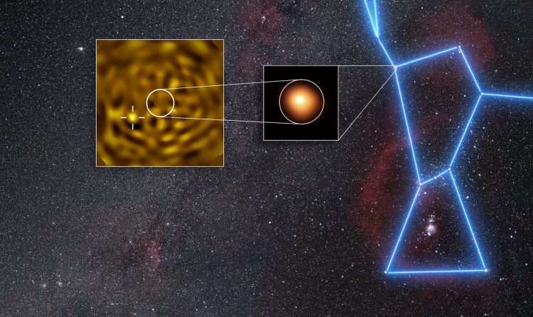 Zdjęcie przedstawia Betelgezę, czerwonego nadolbrzyma z gwiazdozbioru Oriona, wraz z jej towarzyszką. W tle widoczny jest schemat gwiazdozbioru Oriona z zaznaczoną pozycją Betelgezy. W powiększeniu pokazano Betelgezę - jasną, pomarańczową, ziarnistą gwiazdę - oraz mniejszą, słabiej świecącą towarzyszkę obok niej.