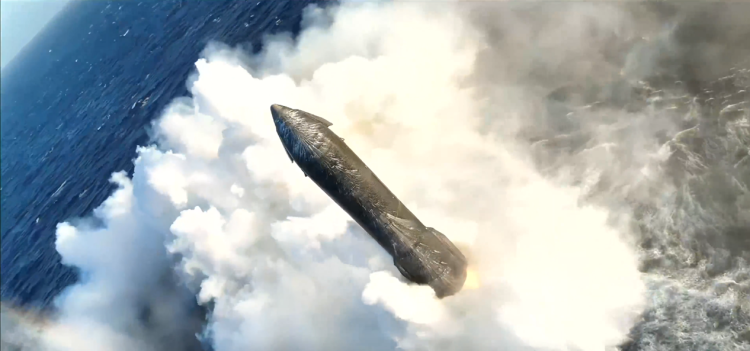 Górny stopień rakiety Starship podczas kontrolowanego wodowania w oceanie po zakończonym locie testowym. Wokół rakiety unoszą się para wodna i chmury gazów. Jest przechylony od kamery, widziany od góry od strony powłoki ablacyjnej która ma duże rysy od środka na boki