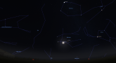 Fragment wrześniowego nieba widoczny w programie Stellarium. Widać na nim zbliżenie Księżyca z Marsem, rozgrywające się w gwiazdozbiorze Bliźniąt. Zaznaczone są również linie gwiazdozbiorów zimowych, takich jak Woźnica, Orion a także całoroczna Wielka Niedźwiedzica.