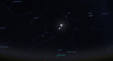 Zrzut ekranu z programu Stellarium. Widoczny jest na nim fragment wschodniego nieba w noc koniunkcji Jowisza z Księżycem. Niedaleko nad nimi znajduje się Mars, z którym Księżyc był w koniunkcji noc wcześniej.