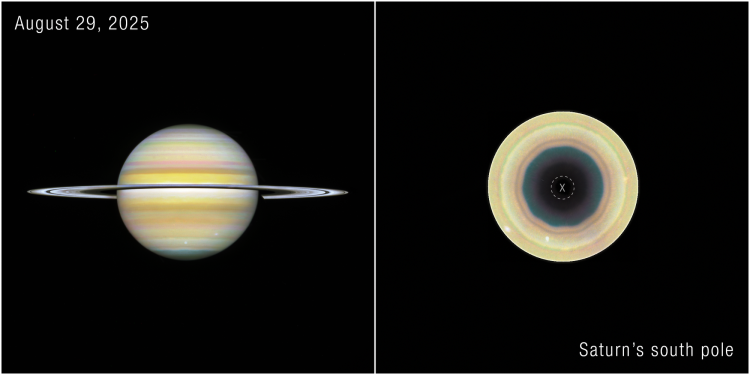 po lewej stronie znajduje się saturn widziany od boku, po prawej stronie natomiast planeta widoczna jest od strony bieguna południowego - widać ciemną, dziesięciokątną plamę.