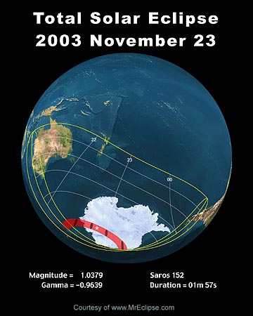 Obszar objęty zaćmieniem Słońca 23 listopada 2003