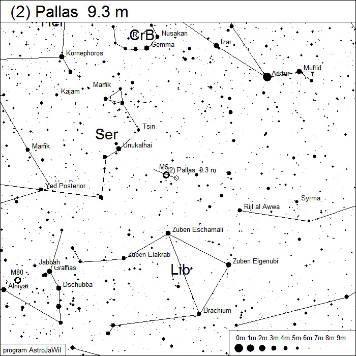 Położenie planetoidy Pallas na przełomie stycznia i lutego 2010