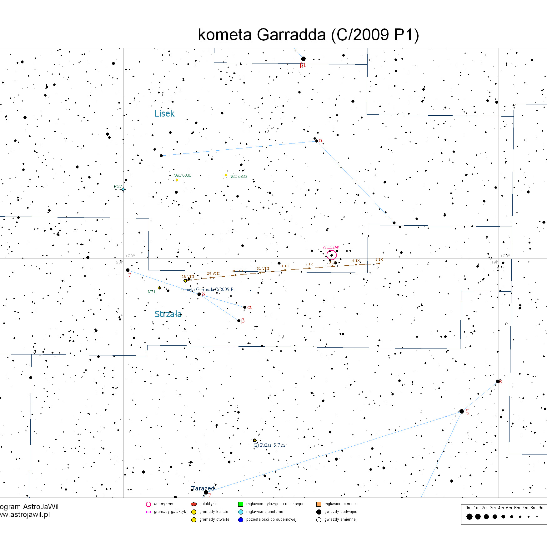 Położenie komety Garradda na przełomie sierpnia i września 2011