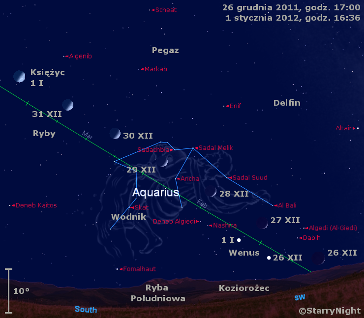 Położenie Księżyca i Wenus w ostatnim tygodniu 2011 roku