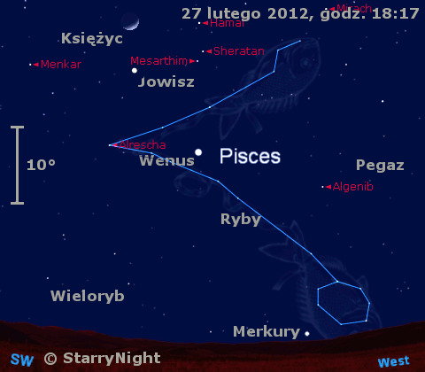 Położenie Wenus, Jowisza i Merkurego na przełomie lutego i marca 2012 r.
