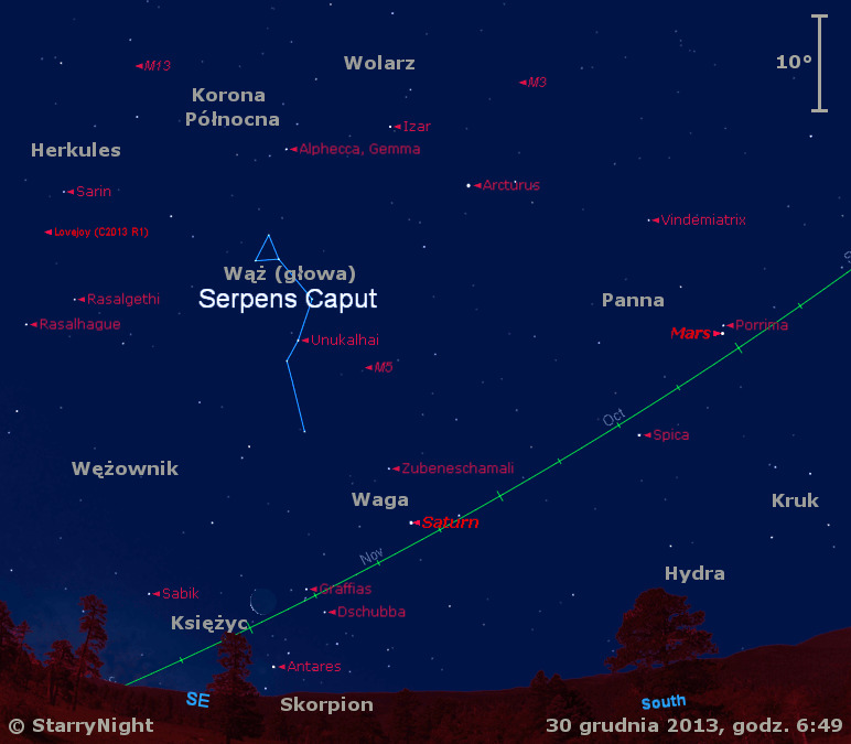 Położenie Księżyca, Marsa, Saturna i komety Lovejoya w pierwszym tygodniu stycznia 2014 r.