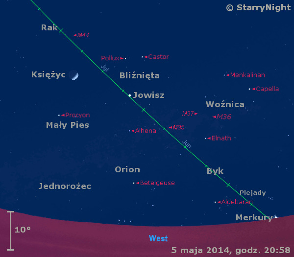 Położenie Jowisza, Merkurego i Księżyca w końcu pierwszej dekady maja 2014 r.