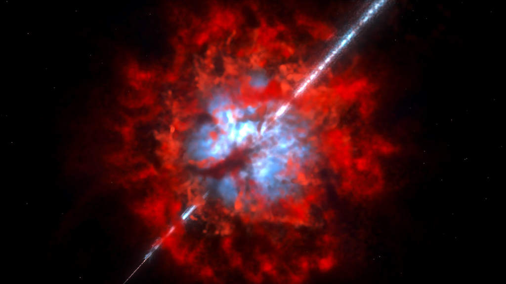 Wizja artystyczna rozbłysku gamma na podstawie obserwacji ALMA